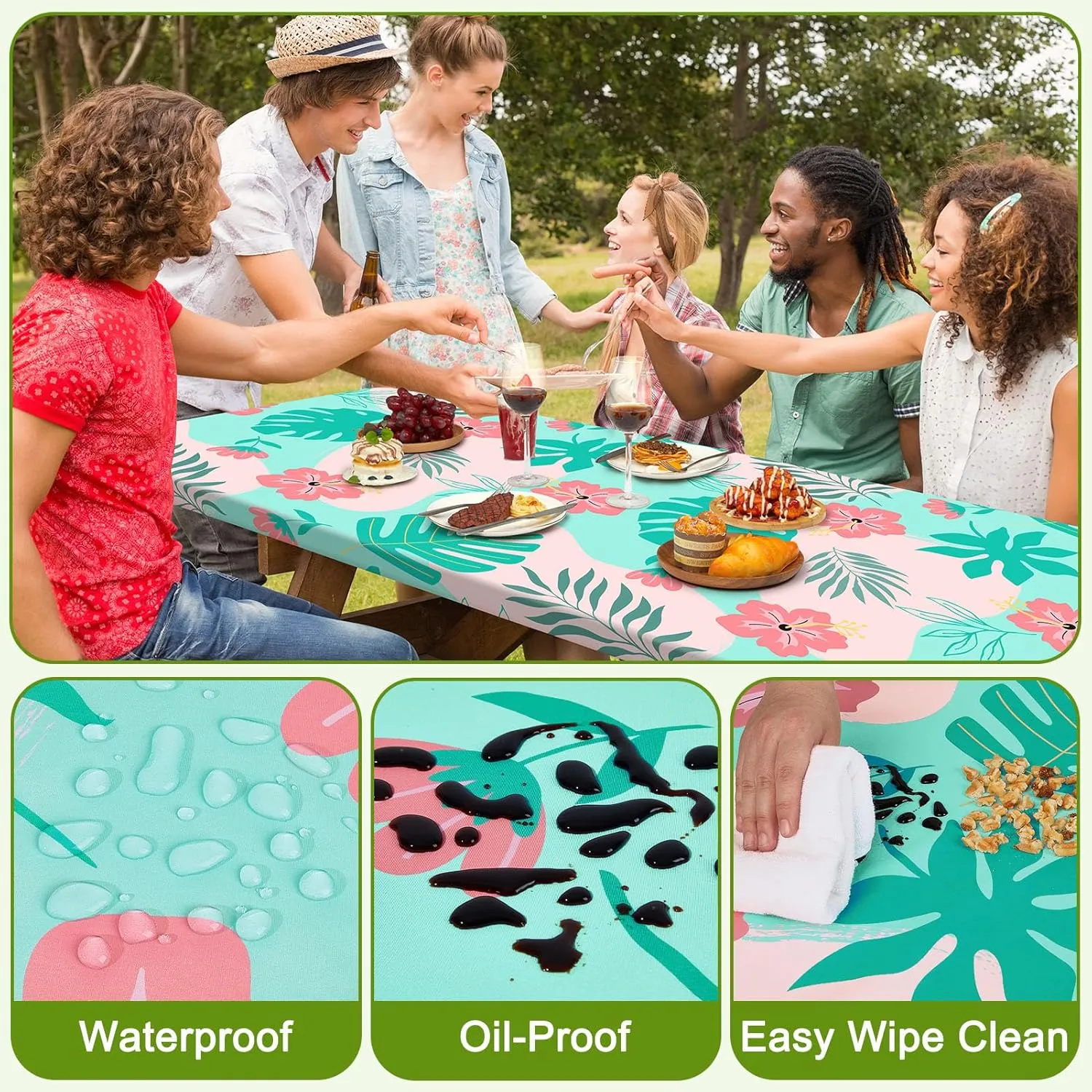 Picnic Table Cover with Bench Covers Portable Table Cloth Built-in Storage Pocket Fitted Tablecloth with Elastic Edges Waterproof Camping Essentials for Indoor Outdoor Rv,72in,Teal Pink