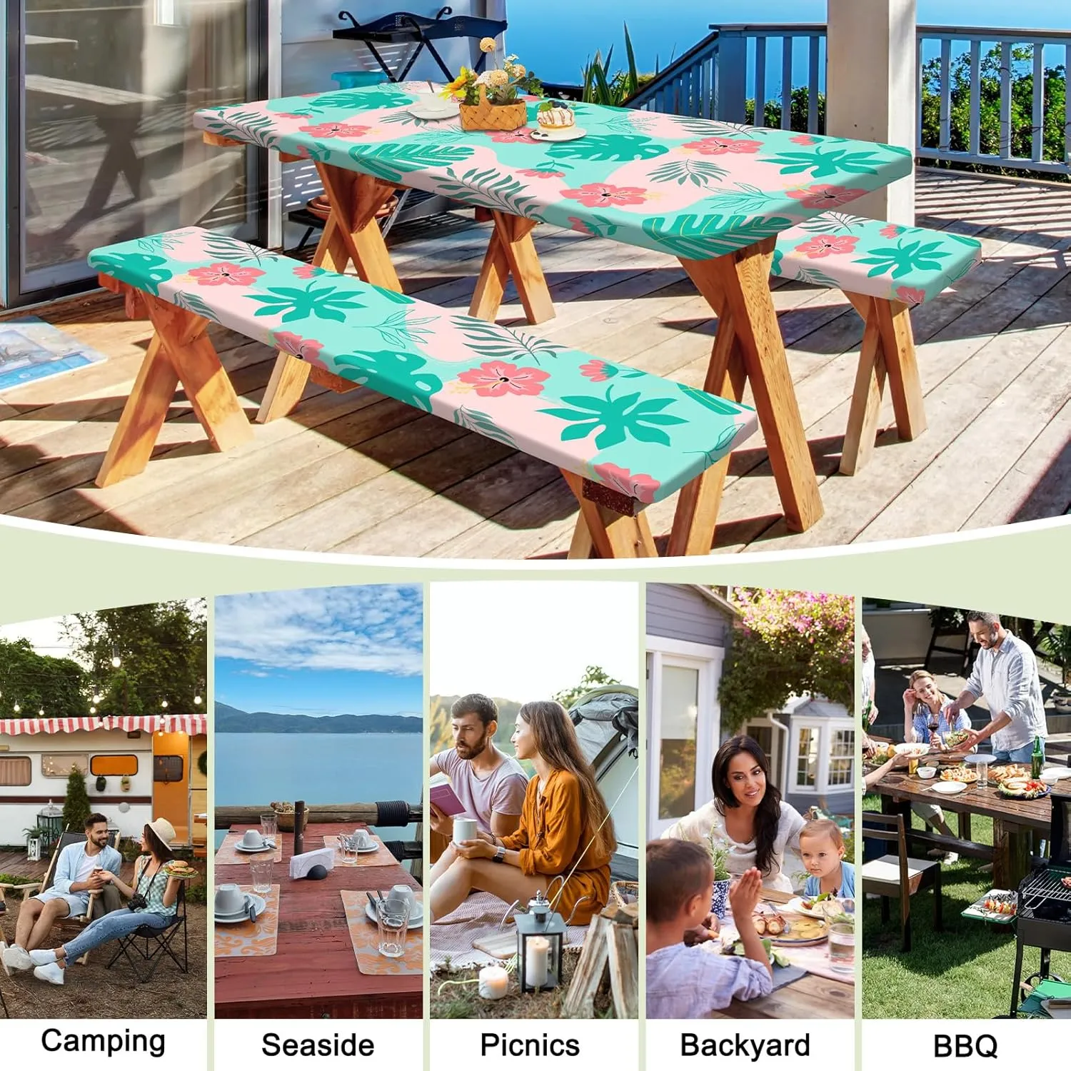 Picnic Table Cover with Bench Covers Portable Table Cloth Built-in Storage Pocket Fitted Tablecloth with Elastic Edges Waterproof Camping Essentials for Indoor Outdoor Rv,72in,Teal Pink