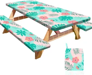 Picnic Table Cover with Bench Covers Portable Table Cloth Built-in Storage Pocket Fitted Tablecloth with Elastic Edges Waterproof Camping Essentials for Indoor Outdoor Rv,72in,Teal Pink