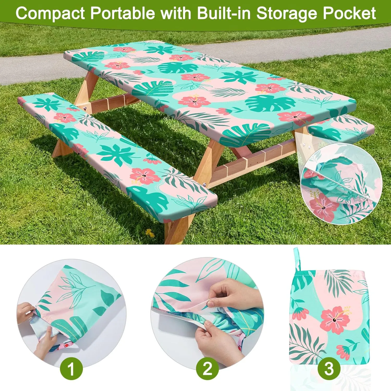 Picnic Table Cover with Bench Covers Portable Table Cloth Built-in Storage Pocket Fitted Tablecloth with Elastic Edges Waterproof Camping Essentials for Indoor Outdoor Rv,72in,Teal Pink