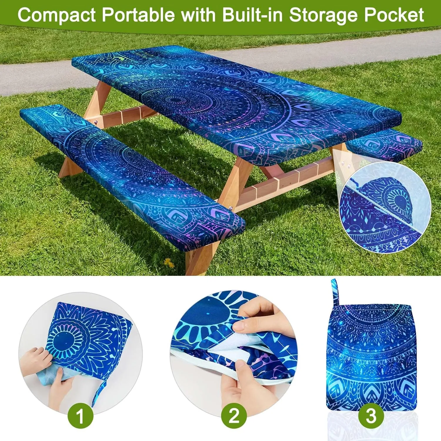 Picnic Table Cover with Bench Covers Portable Table Cloth Built-in Storage Pocket Fitted Tablecloth with Elastic Edges Waterproof Camping Essentials for Indoor Outdoor Rv,96in,Blue Purple
