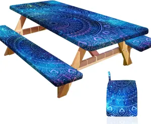 Picnic Table Cover with Bench Covers Portable Table Cloth Built-in Storage Pocket Fitted Tablecloth with Elastic Edges Waterproof Camping Essentials for Indoor Outdoor Rv,96in,Blue Purple