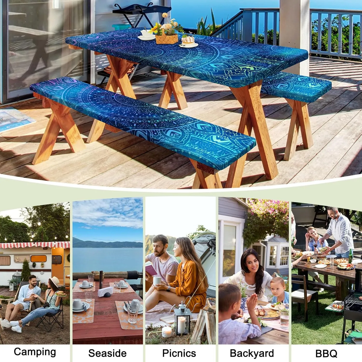 Picnic Table Cover with Bench Covers Portable Table Cloth Built-in Storage Pocket Fitted Tablecloth with Elastic Edges Waterproof Camping Essentials for Indoor Outdoor Rv,96in,Blue Purple