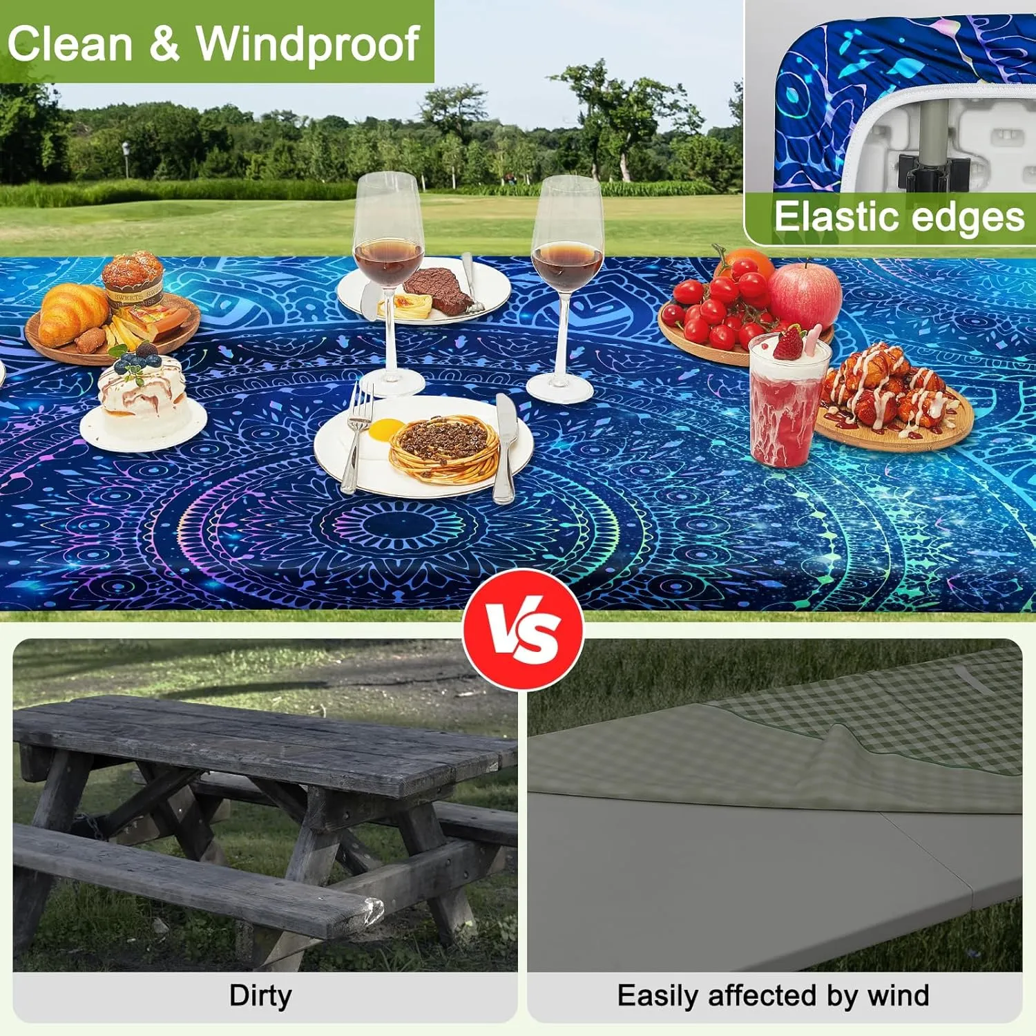 Picnic Table Cover with Bench Covers Portable Table Cloth Built-in Storage Pocket Fitted Tablecloth with Elastic Edges Waterproof Camping Essentials for Indoor Outdoor Rv,96in,Blue Purple