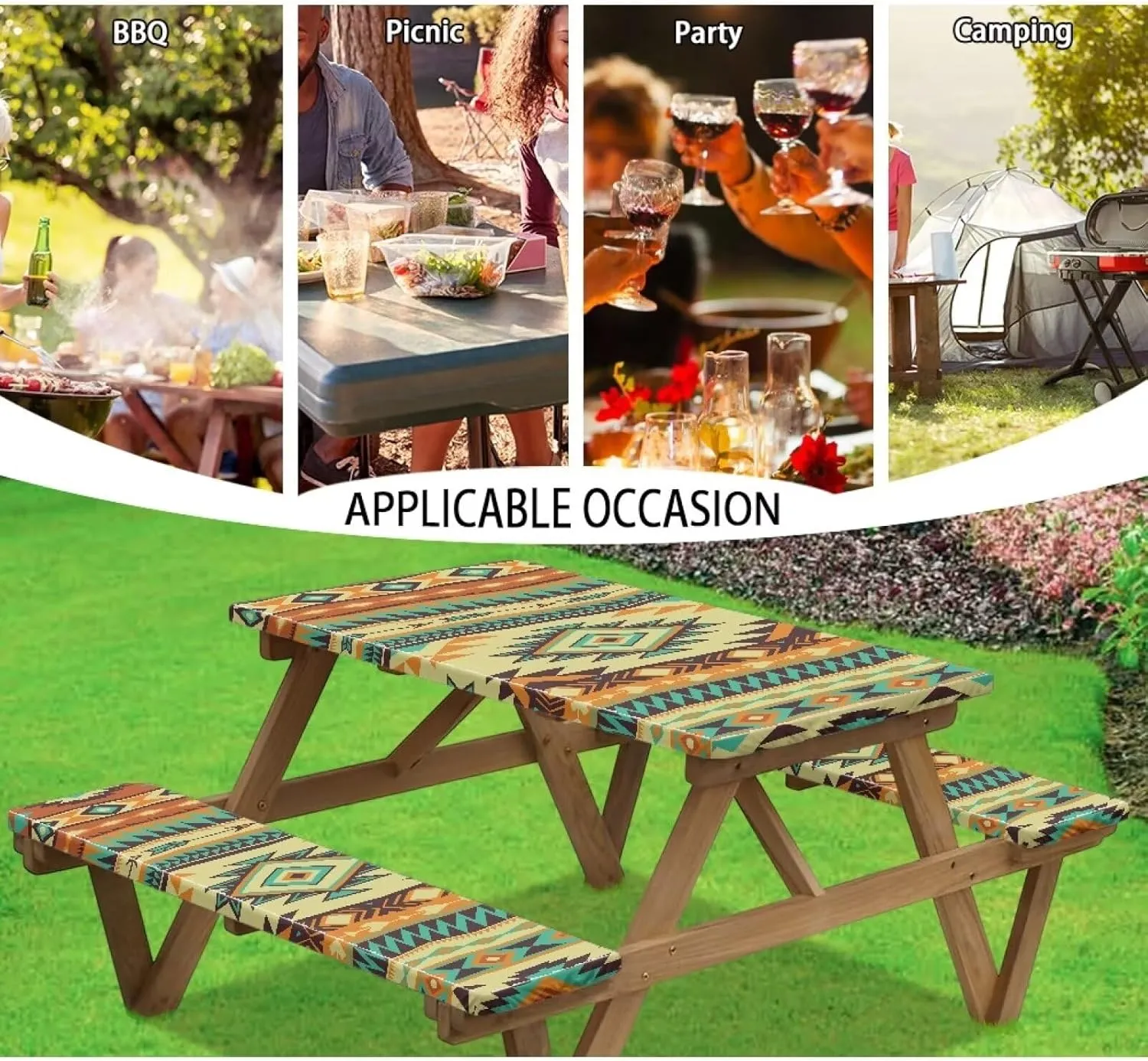 Picnic Table Cover with Bench Covers Waterproof Camping Tablecloth for Picnic Table Aesthetic Elastic Patio Table Covers for Outdoor, Camping (72x30 Inch, 3 Pcs) Aztec