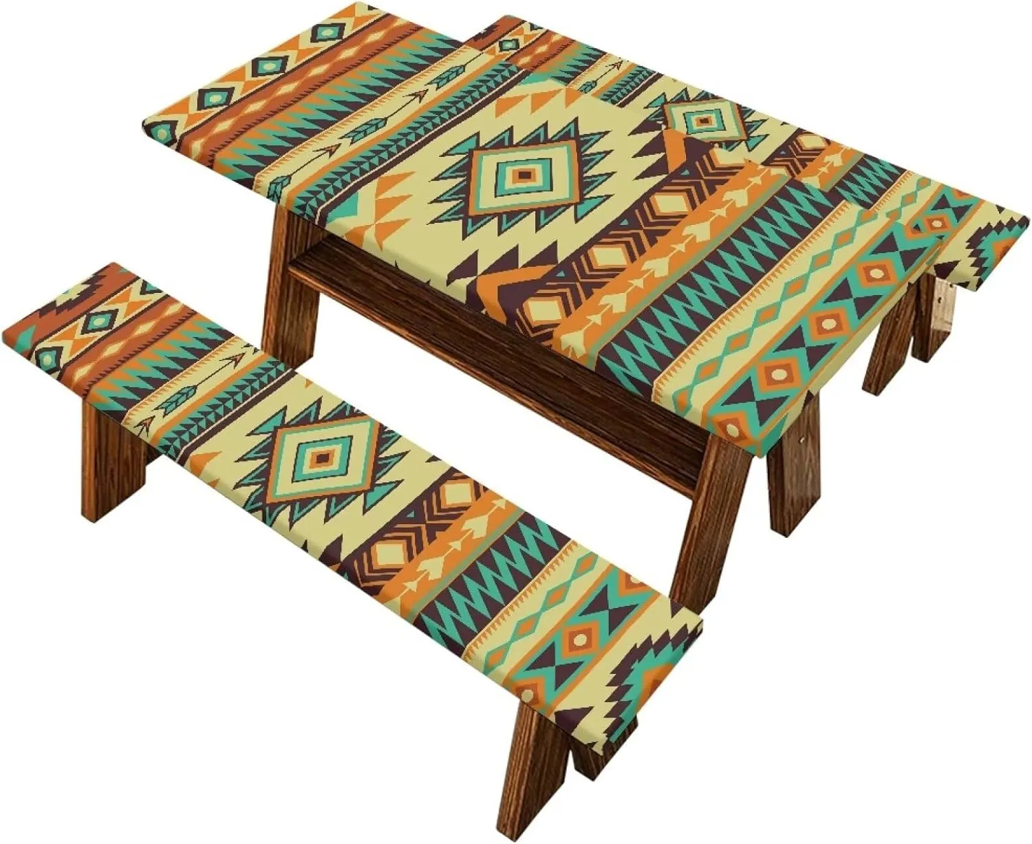 Picnic Table Cover with Bench Covers Waterproof Camping Tablecloth for Picnic Table Aesthetic Elastic Patio Table Covers for Outdoor, Camping (72x30 Inch, 3 Pcs) Aztec