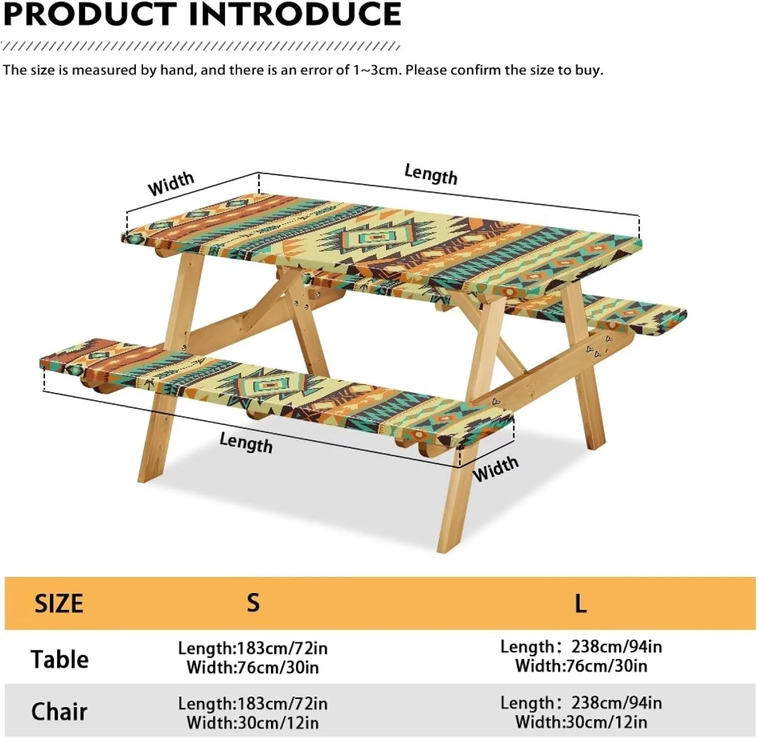 Picnic Table Cover with Bench Covers Waterproof Camping Tablecloth for Picnic Table Aesthetic Elastic Patio Table Covers for Outdoor, Camping (72x30 Inch, 3 Pcs) Aztec