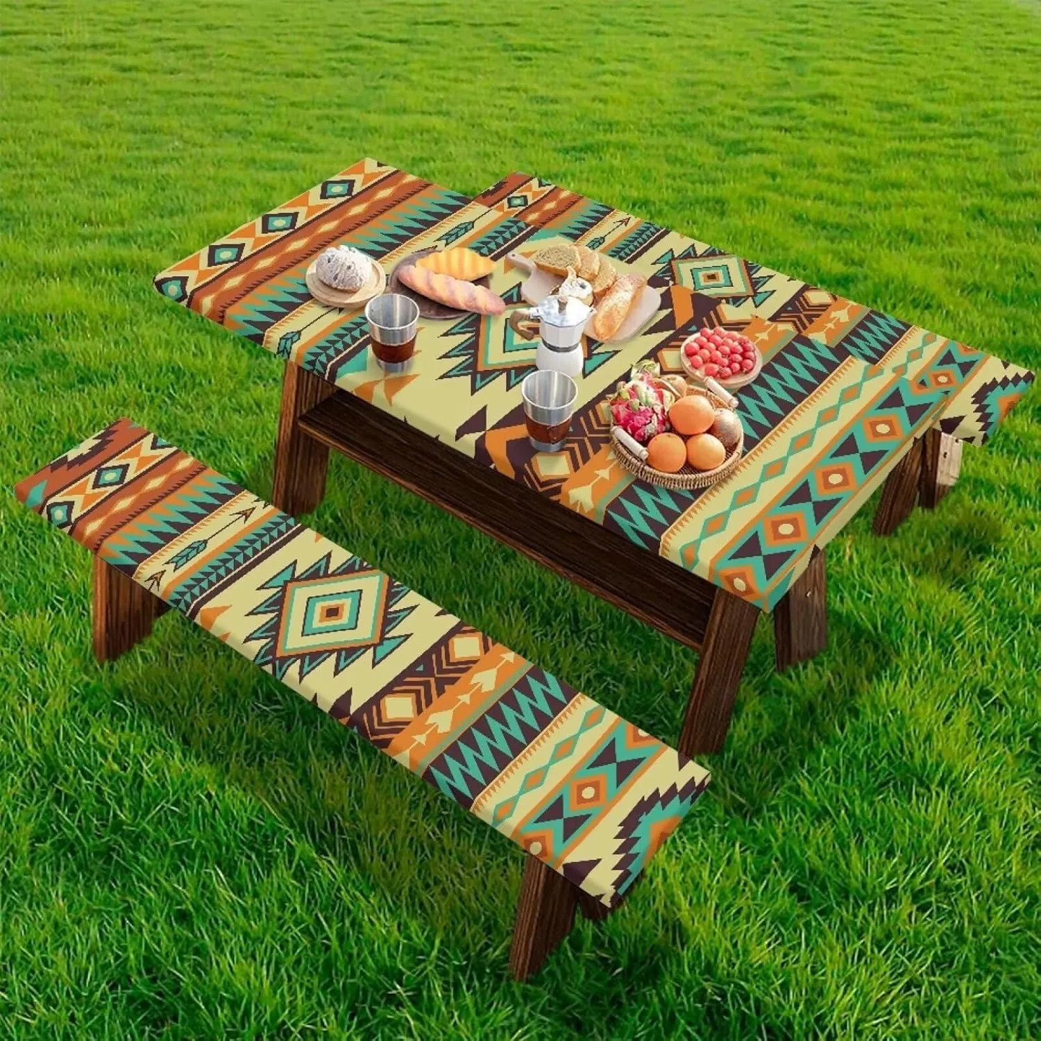 Picnic Table Cover with Bench Covers Waterproof Camping Tablecloth for Picnic Table Aesthetic Elastic Patio Table Covers for Outdoor, Camping (72x30 Inch, 3 Pcs) Aztec