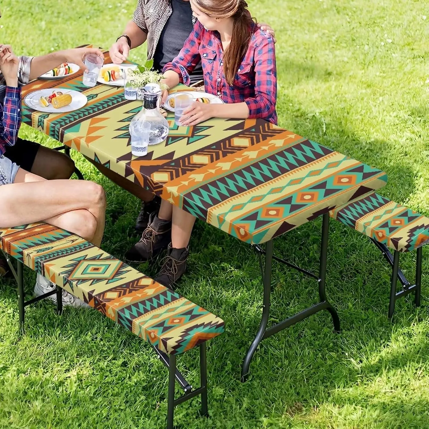 Picnic Table Cover with Bench Covers Waterproof Camping Tablecloth for Picnic Table Aesthetic Elastic Patio Table Covers for Outdoor, Camping (72x30 Inch, 3 Pcs) Aztec