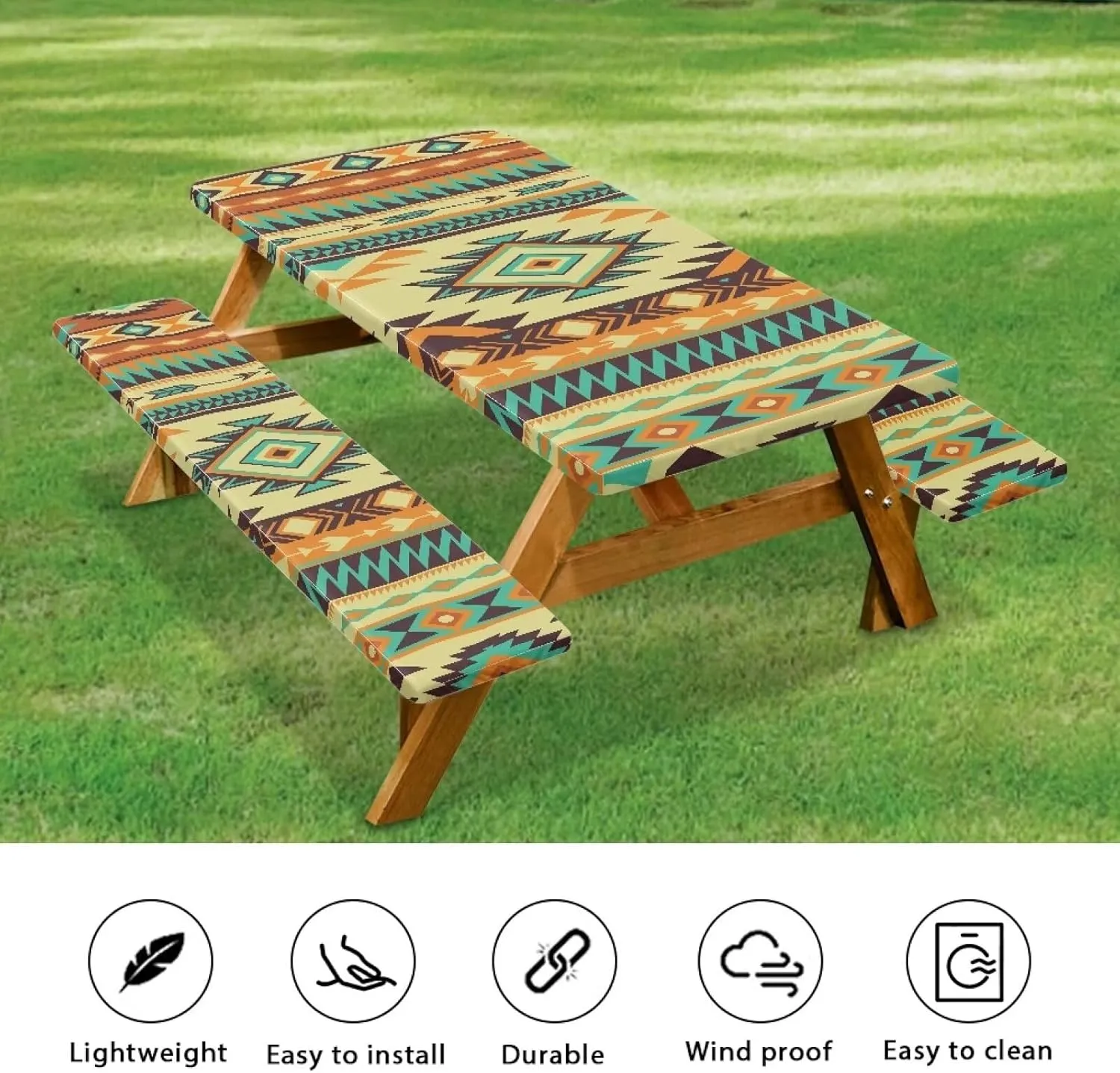Picnic Table Cover with Bench Covers Waterproof Camping Tablecloth for Picnic Table Aesthetic Elastic Patio Table Covers for Outdoor, Camping (72x30 Inch, 3 Pcs) Aztec