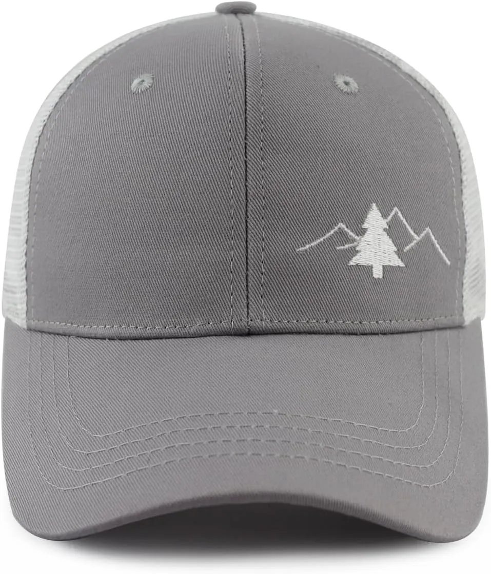 Pine Tree Mountain Trucker Hat for Men Women, Funny Embroidered Cotton Camping Hiking Wilderness Mesh Baseball Cap