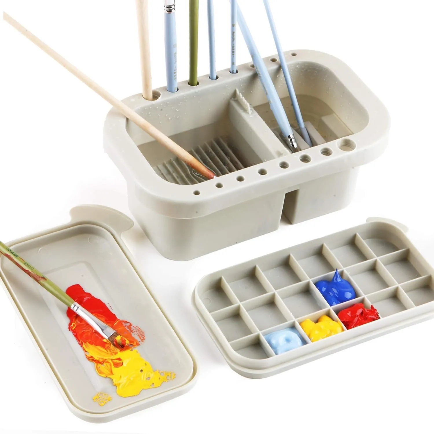 pistro Multi-Use Paint Brush Basin with Brushes Holder | Lightweight & Portable Artist Cleaner Cup for Watercolor, Oil, Acrylic & Gouache Painting | Palette Box with Lid