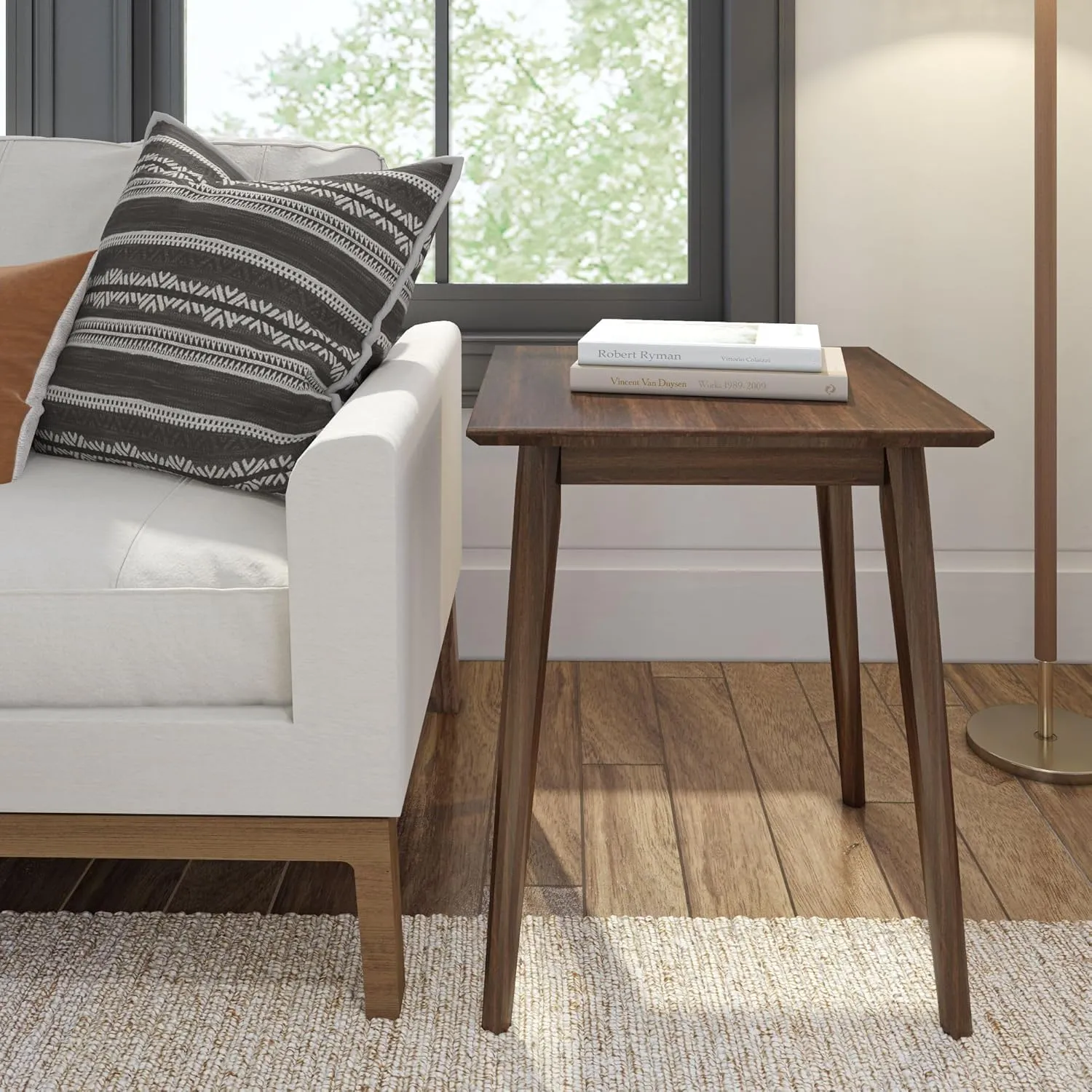 Plank Beam Mid Century Modern Square Side Table, Couch Side Table, Small End Table for Office Space, Wooden Accent Table, Walnut