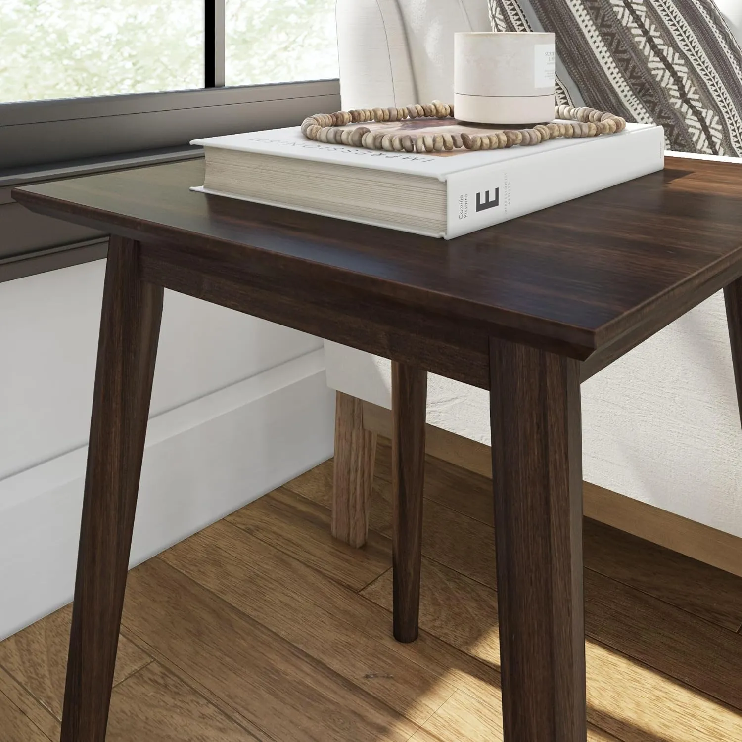 Plank Beam Mid Century Modern Square Side Table, Couch Side Table, Small End Table for Office Space, Wooden Accent Table, Walnut