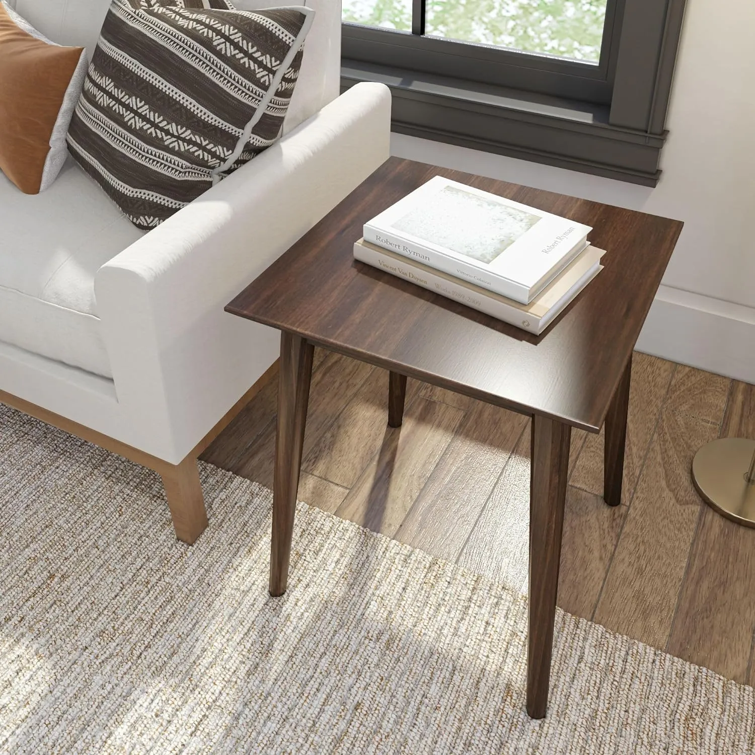Plank Beam Mid Century Modern Square Side Table, Couch Side Table, Small End Table for Office Space, Wooden Accent Table, Walnut