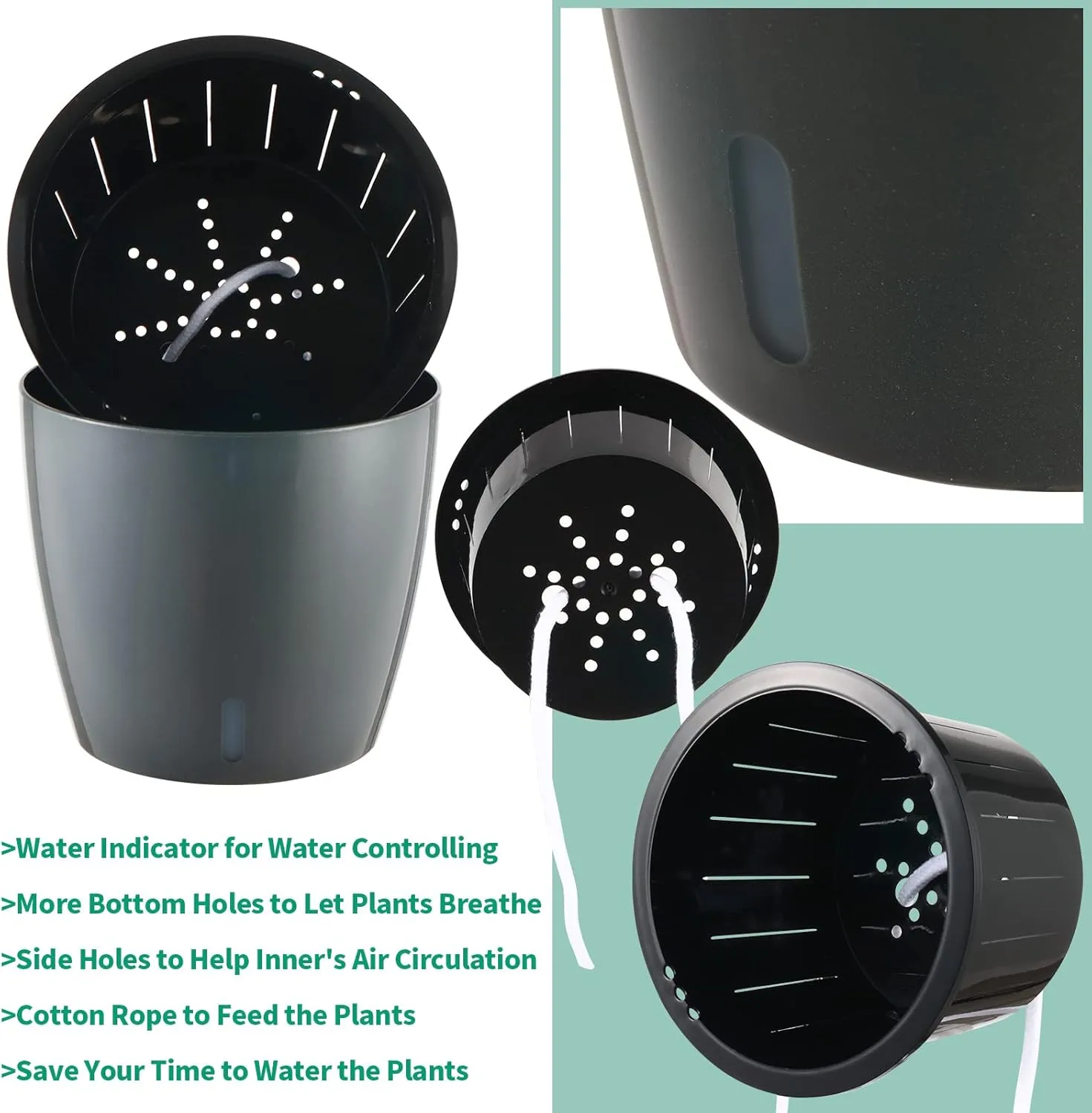 Planterhoma 6.7 Inch Self Watering Pots for Indoor Plants, 6 Packs African Violet Pots with Indicator, Black Wick Pot with Drainage Holes, Self Watering Planters for Orchid, Devil's Ivy, Grey