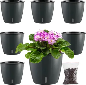 Planterhoma 6.7 Inch Self Watering Pots for Indoor Plants, 6 Packs African Violet Pots with Indicator, Black Wick Pot with Drainage Holes, Self Watering Planters for Orchid, Devil's Ivy, Grey