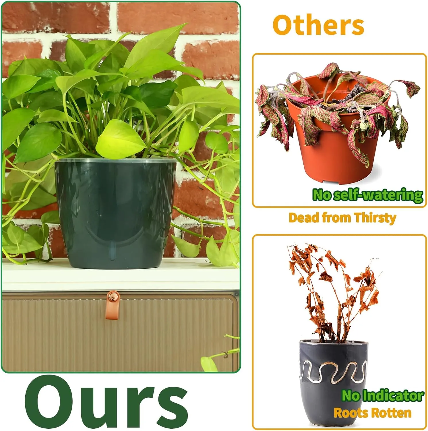 Planterhoma 6.7 Inch Self Watering Pots for Indoor Plants, 6 Packs African Violet Pots with Indicator, Black Wick Pot with Drainage Holes, Self Watering Planters for Orchid, Devil's Ivy, Grey