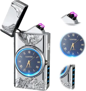 Plasma Lighter - USB Rechargeable, Windproof Arc Lighter with Clock Dial Time Display - Silver