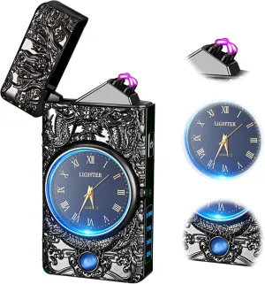 Plasma Lighter - Windproof USB Rechargeable Electric Lighter with Watch, Luxury Metal, Suitable for Gifts (Black)