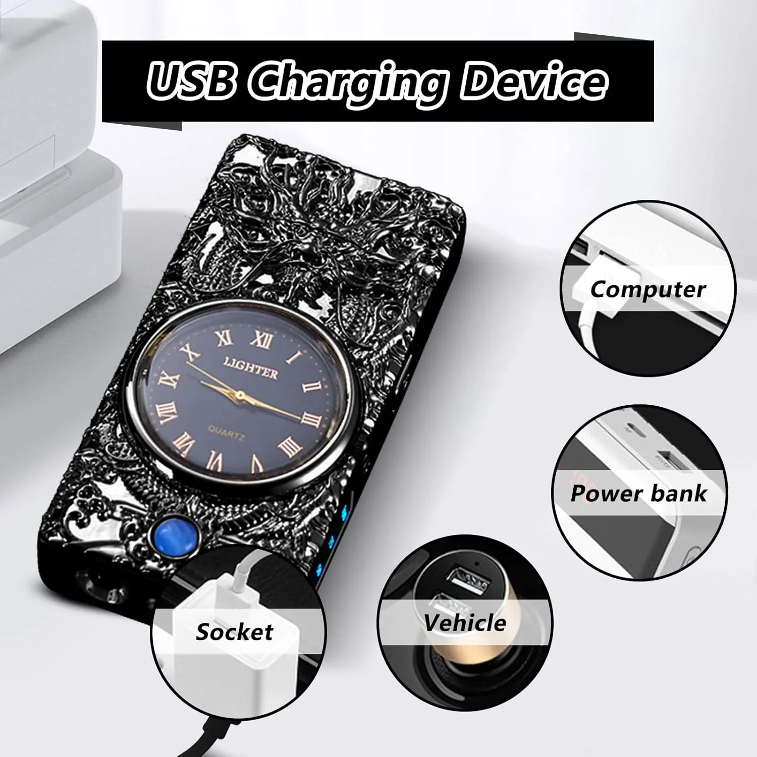 Plasma Lighter - Windproof USB Rechargeable Electric Lighter with Watch, Luxury Metal, Suitable for Gifts (Black)