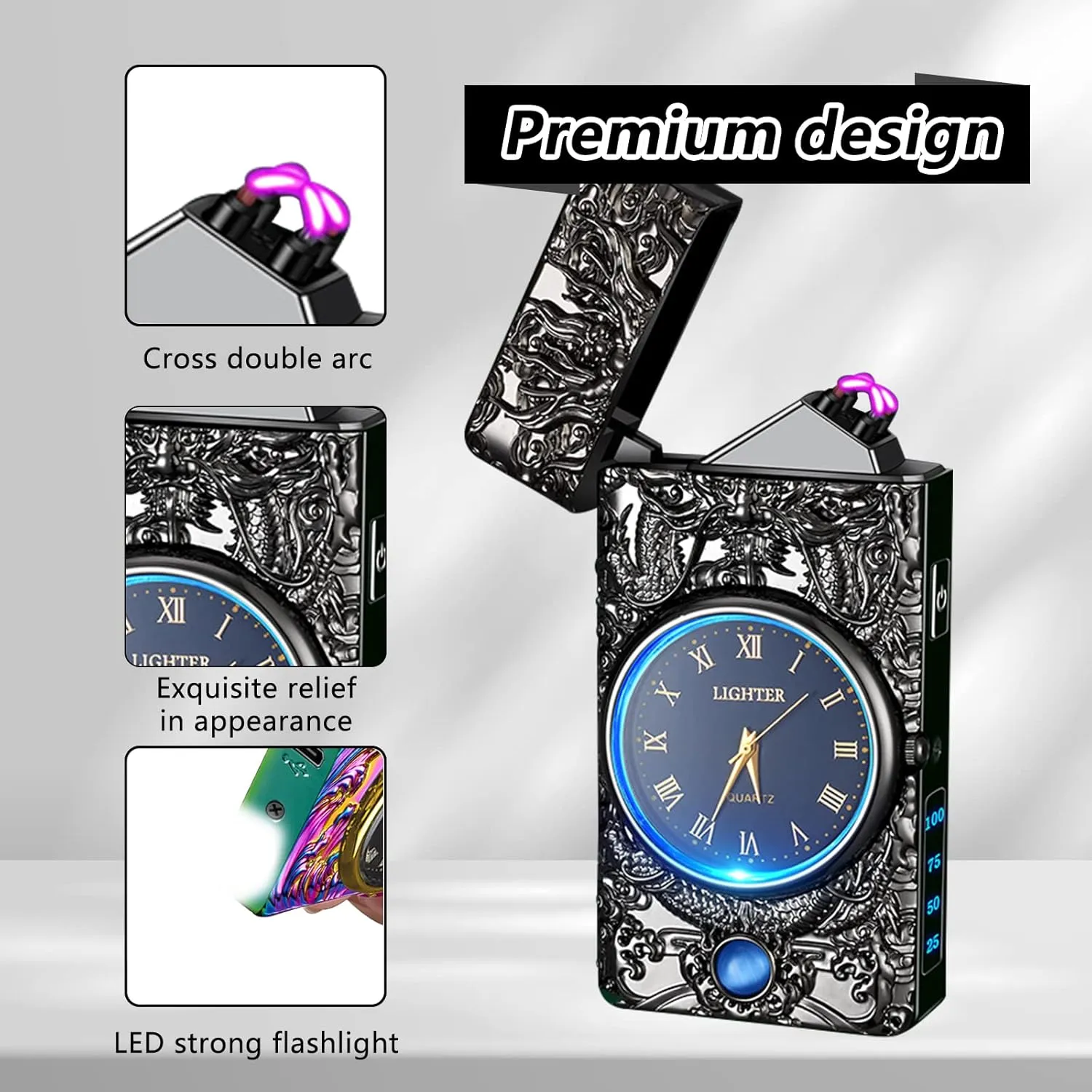 Plasma Lighter - Windproof USB Rechargeable Electric Lighter with Watch, Luxury Metal, Suitable for Gifts (Black)