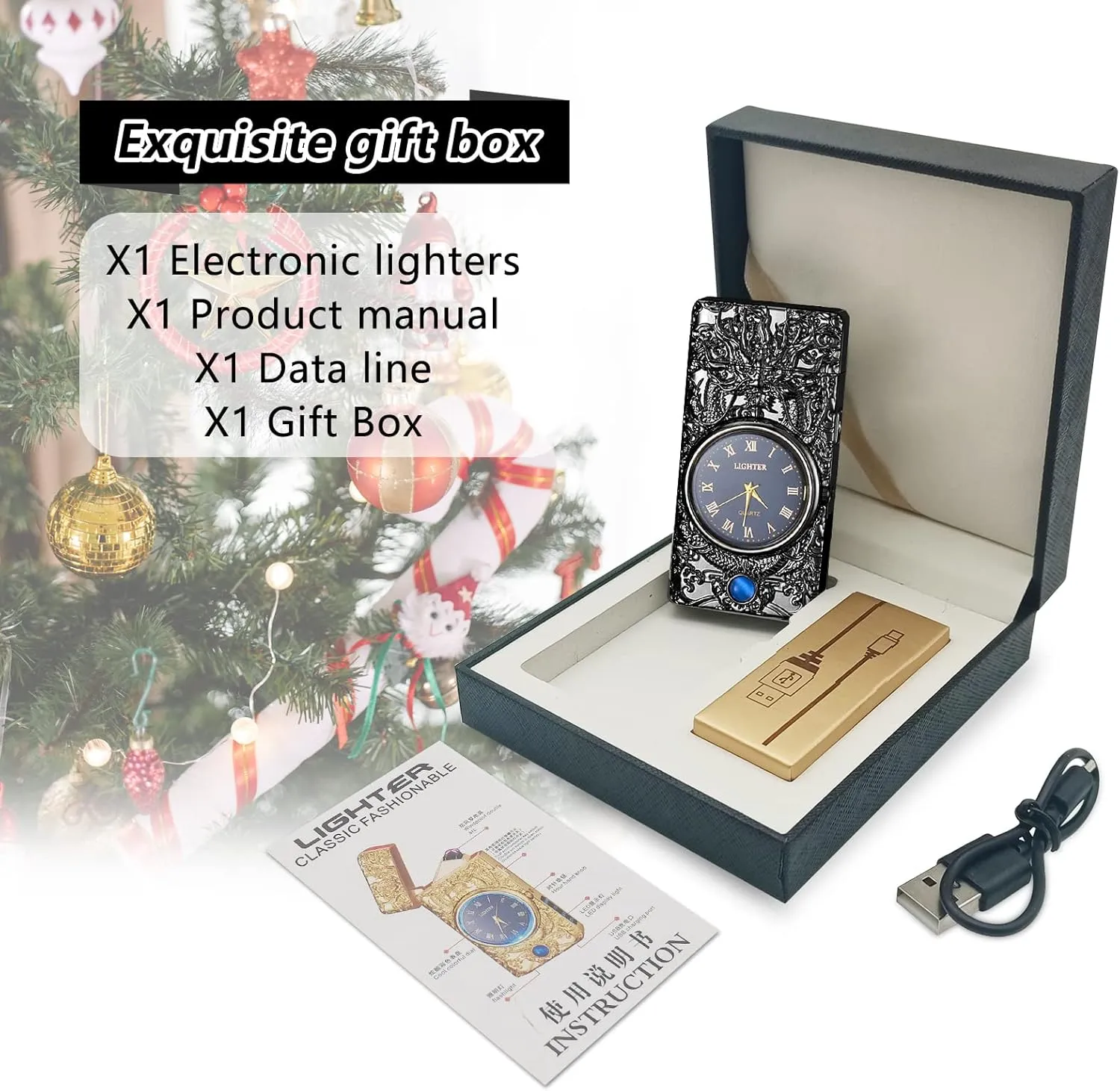Plasma Lighter - Windproof USB Rechargeable Electric Lighter with Watch, Luxury Metal, Suitable for Gifts (Black)