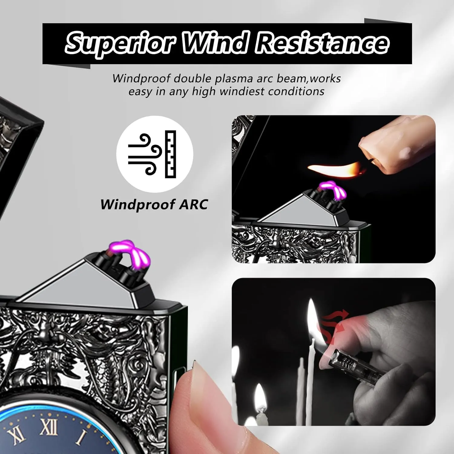Plasma Lighter - Windproof USB Rechargeable Electric Lighter with Watch, Luxury Metal, Suitable for Gifts (Black)