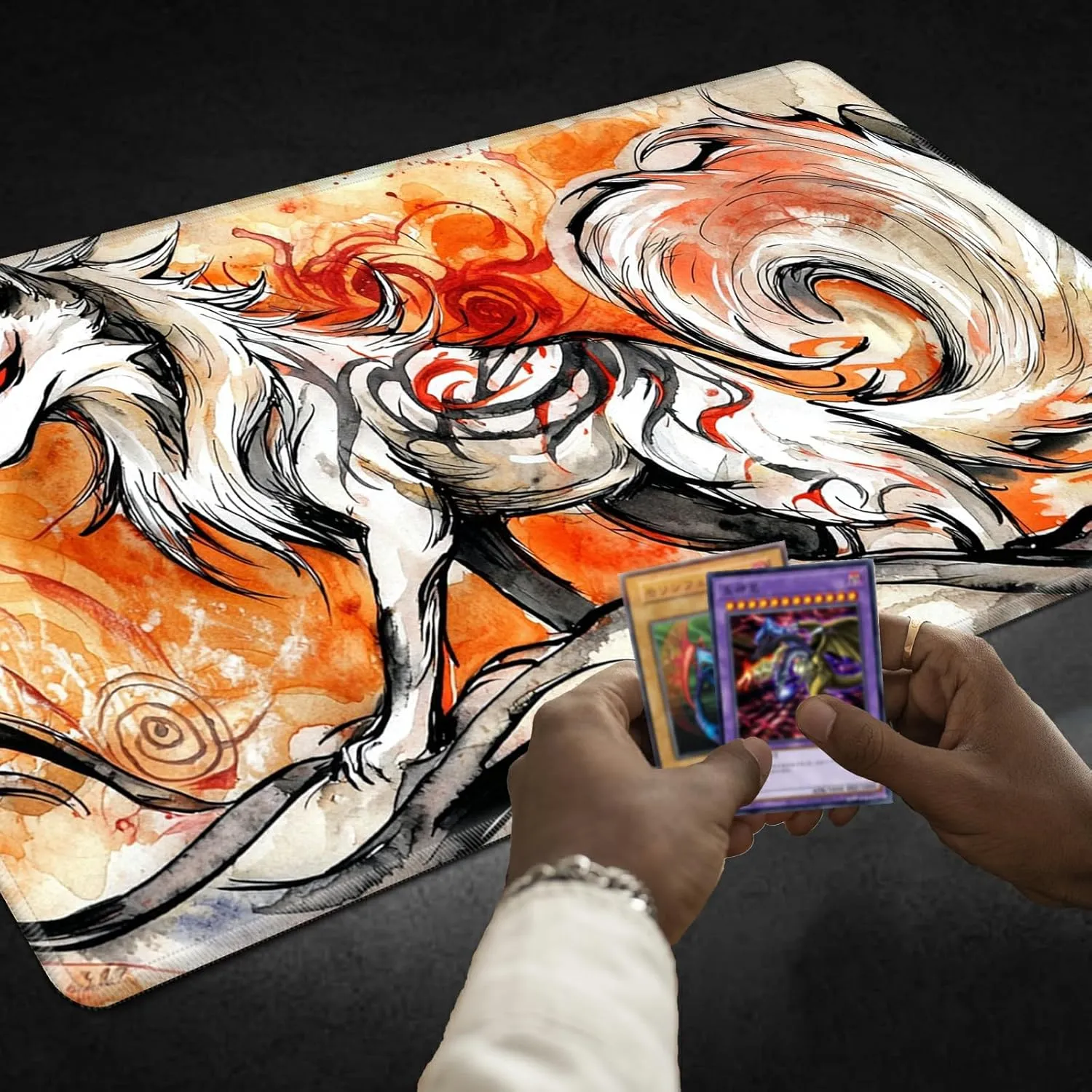 Playmats for Magic: The Gathering MTG Card Game Mat Plus 50 Pcs Card Sleeves, 24 x 14 inch TCG Mat with Stitched Edge for Commander Deck Duskmourn Board Game, Ookami Fox