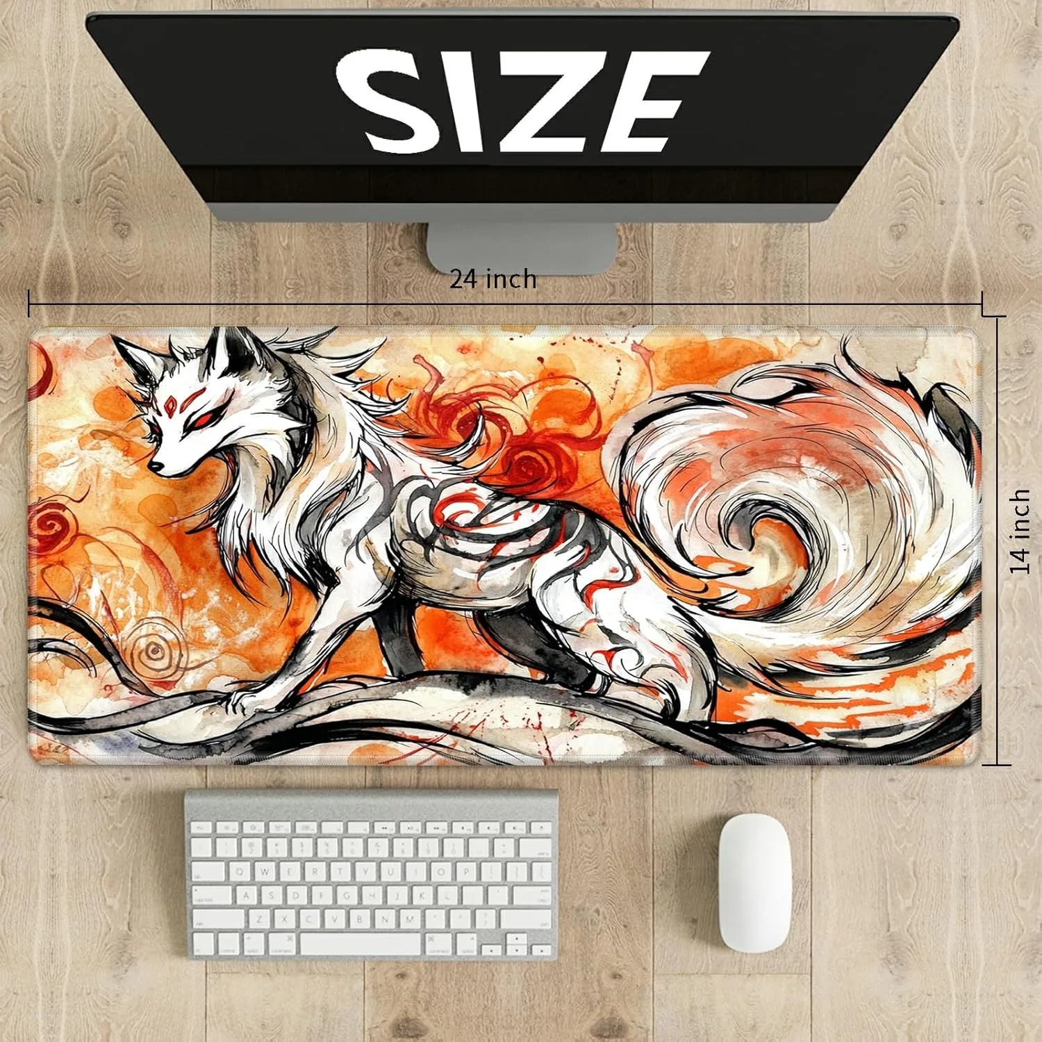 Playmats for Magic: The Gathering MTG Card Game Mat Plus 50 Pcs Card Sleeves, 24 x 14 inch TCG Mat with Stitched Edge for Commander Deck Duskmourn Board Game, Ookami Fox
