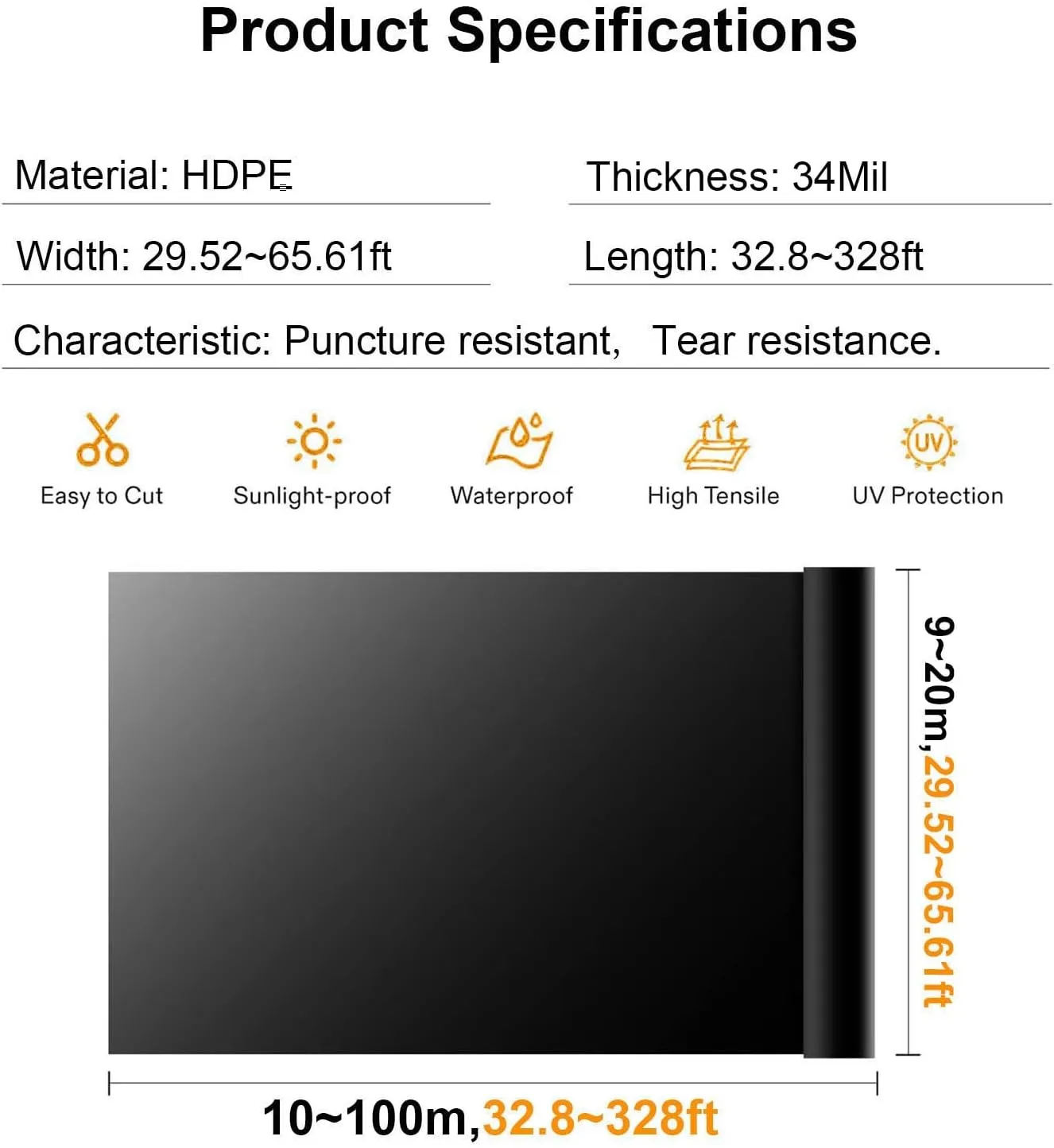 pond liner Large Koi Pond Liner Rubber, Multi Size Fish Pond Liner 34mil, HDPE Pond Liners, for Reservoir Garden Fountains (Color : 34mil, Size : 10x100m/32.8x328ft)