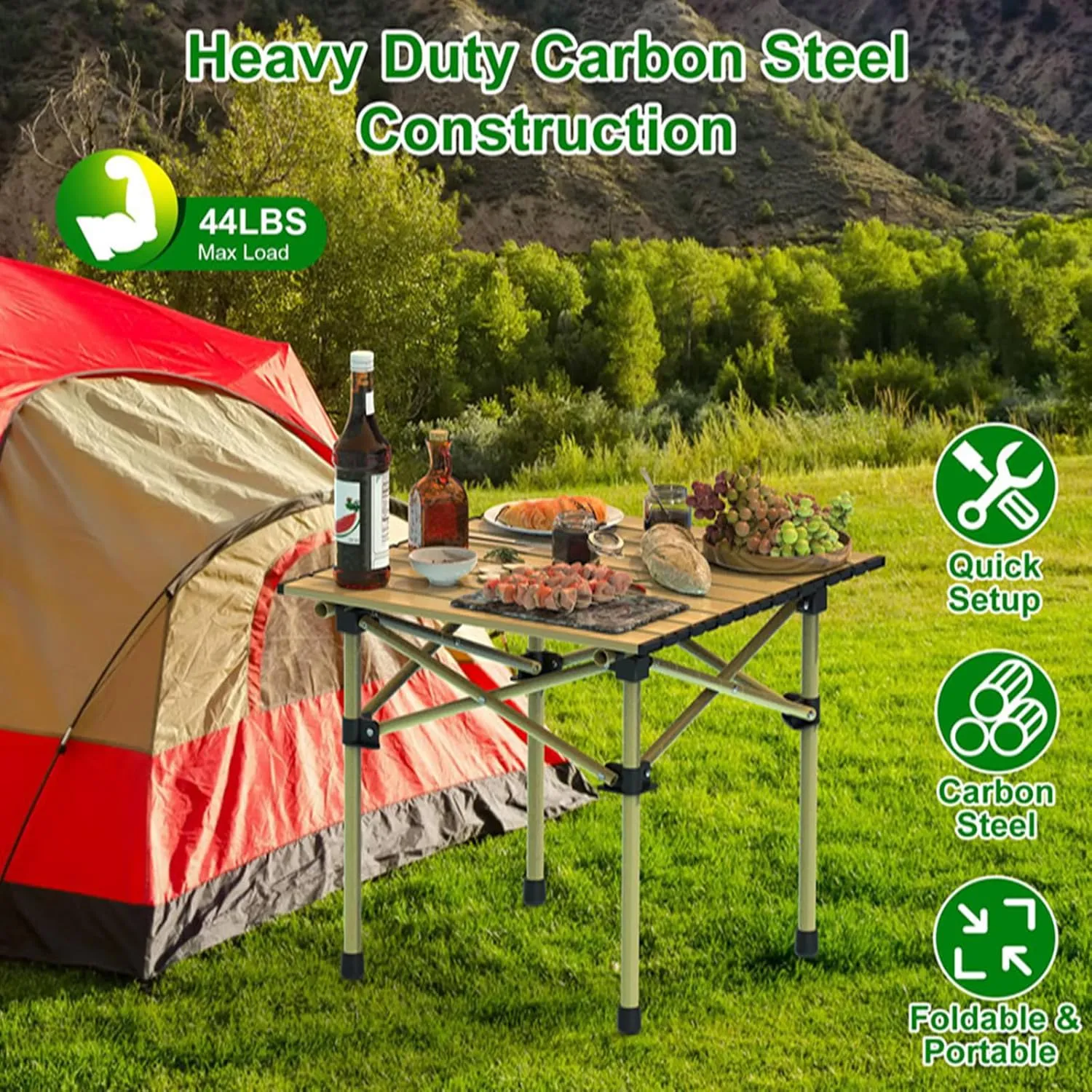Portable Camping Table Foldable, Folding Outdoor Picnic Table, Lightweight Carbon Steel Roll-up Camping Desk with Carry Bag, Heavy Duty BBQ Table for Backyard Party Patio Hiking Fishing, S