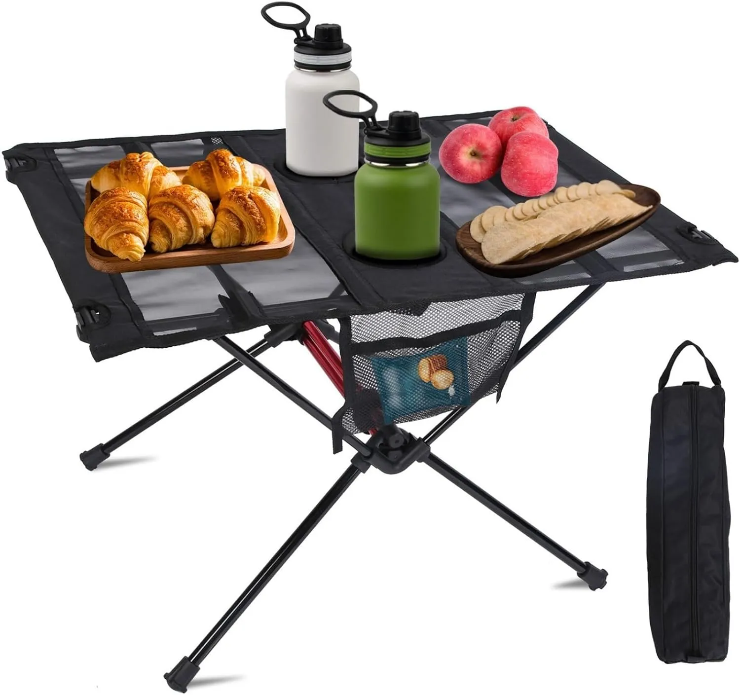 Portable Camping Table Folding, Folding Mesh Camp Table, Aluminum Alloy Frame with 2 Cup Holders 2 Side Pockets for Picnic Tailgate Travel Outdoor Fishing Backpacking, Black