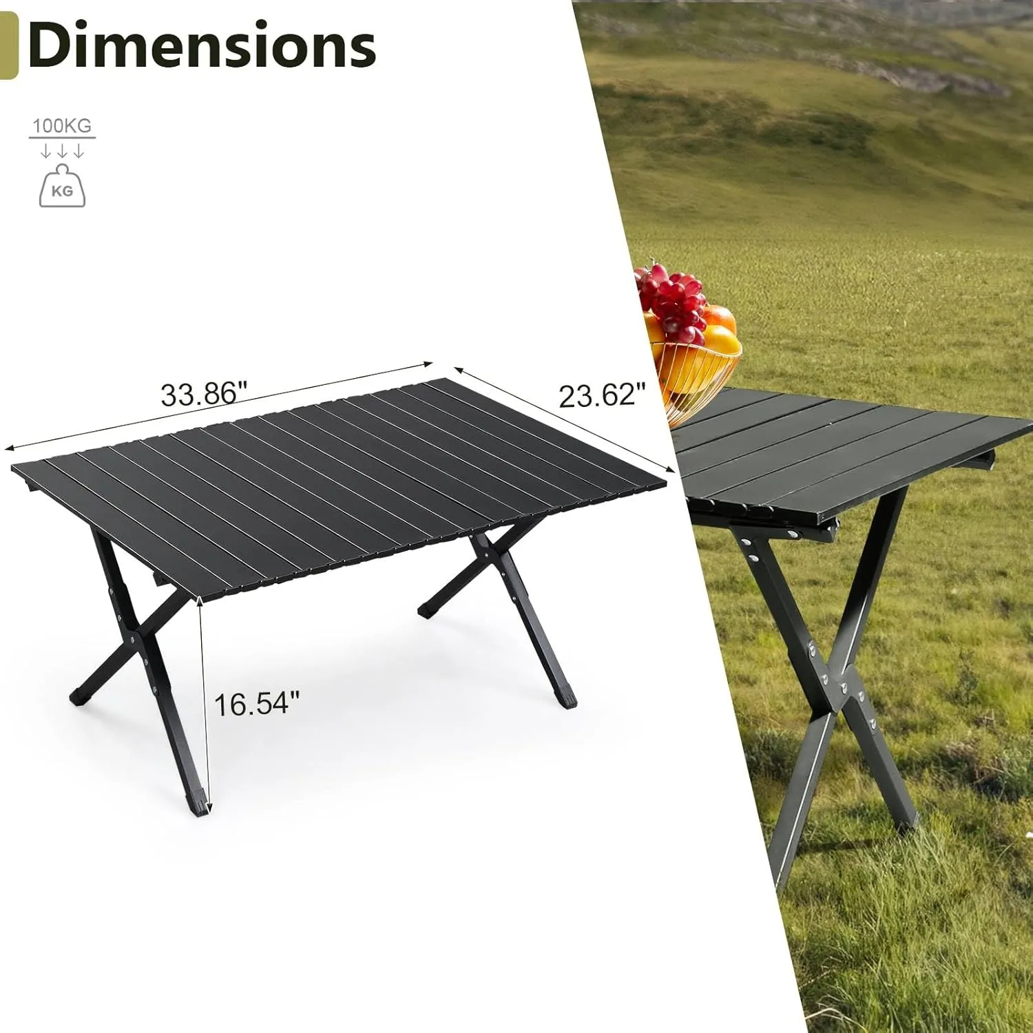 Portable Folding Camping Table with Storage Bag, Durable Camp Table, Carbon Steel Frame, Picnic Side Tables for Travel Outdoor Activities, Supports 220 LBS 34" L x 24" W x 16.5" H (Black)