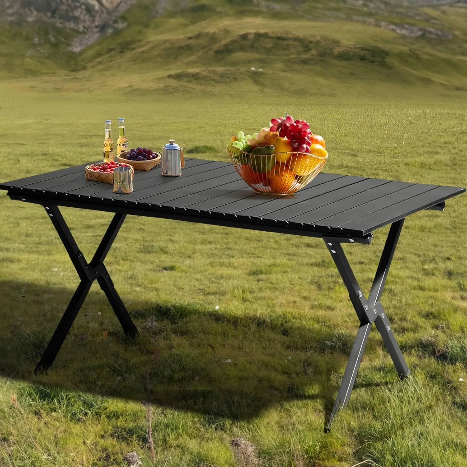 Portable Folding Camping Table with Storage Bag, Durable Camp Table, Carbon Steel Frame, Picnic Side Tables for Travel Outdoor Activities, Supports 220 LBS 34" L x 24" W x 16.5" H (Black)