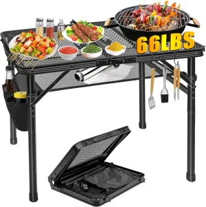 Portable Folding Grill Table, Lightweight Height Adjustable,Camping Picnic Table with Mesh Desktop and Mesh Bag for Outdoor for Picnic,Camping,BBQ,Beach (2 * 1.3FT)