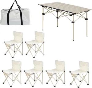 Portable Folding Picnic Table Chair Set, Lightweight Camp with Aluminum Roll-up Top, 600D Oxford Cloth Chairs, Easy Set Up