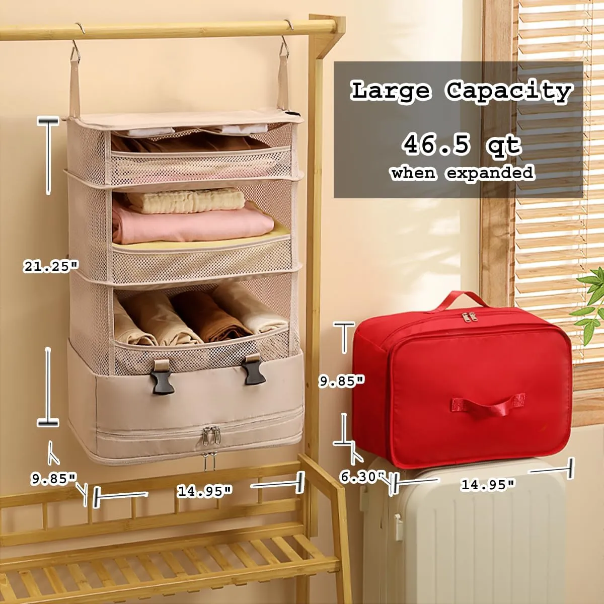 Portable Hanging Packing Cubes For Travel, Hanging Travel Shelves, Luggage Organizer For Carry On, Travel Hack, Packing Organizers, Closet Storage, Closet Organizer, Laundry Storage (Red)