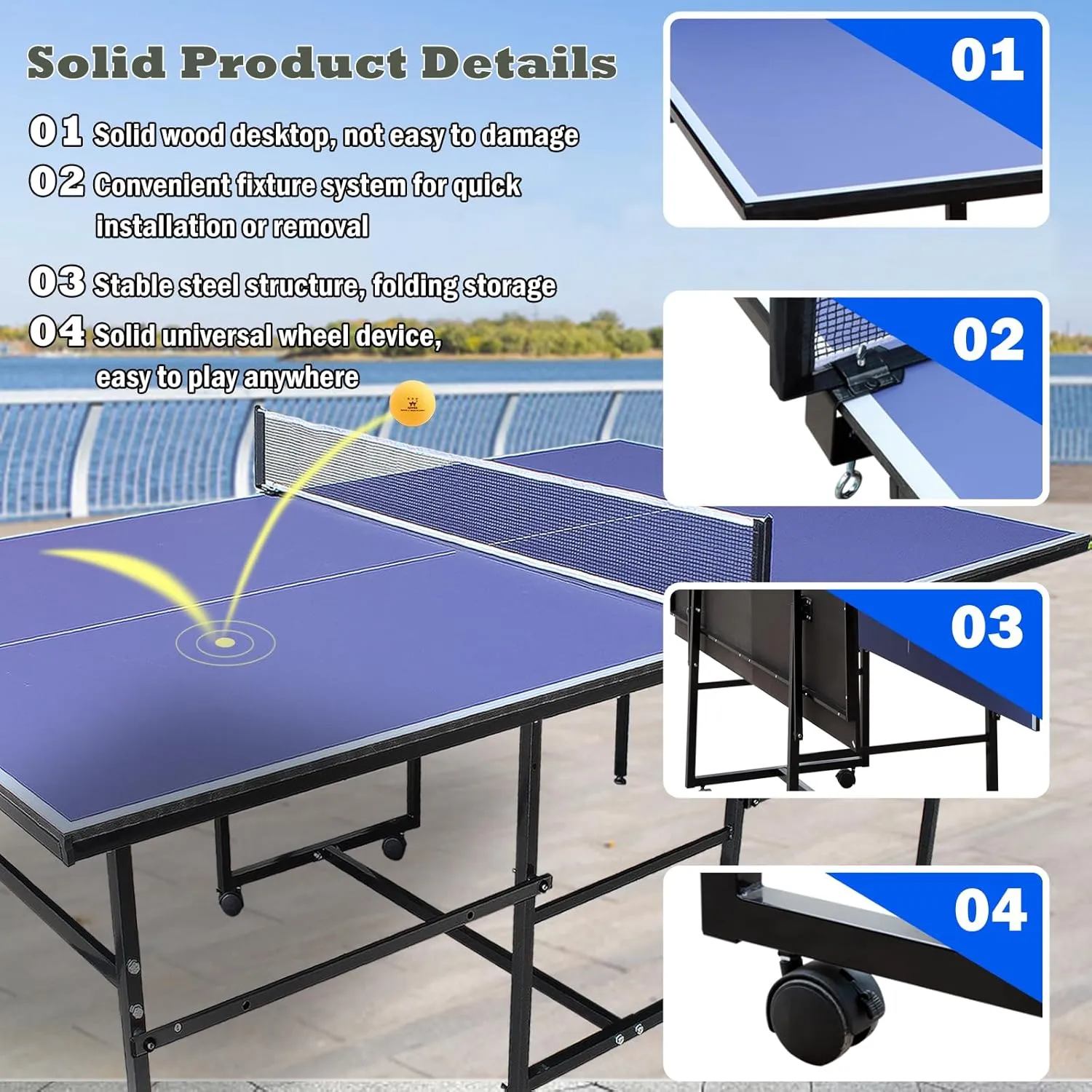 Portable Ping Pong Table 4.5FT/6FT/9FT Foldable Compact Space-Saving Design, Multi-Use Table Tennis Table for Kids Teens Adults, Free Standing Indoor/Outdoor Game