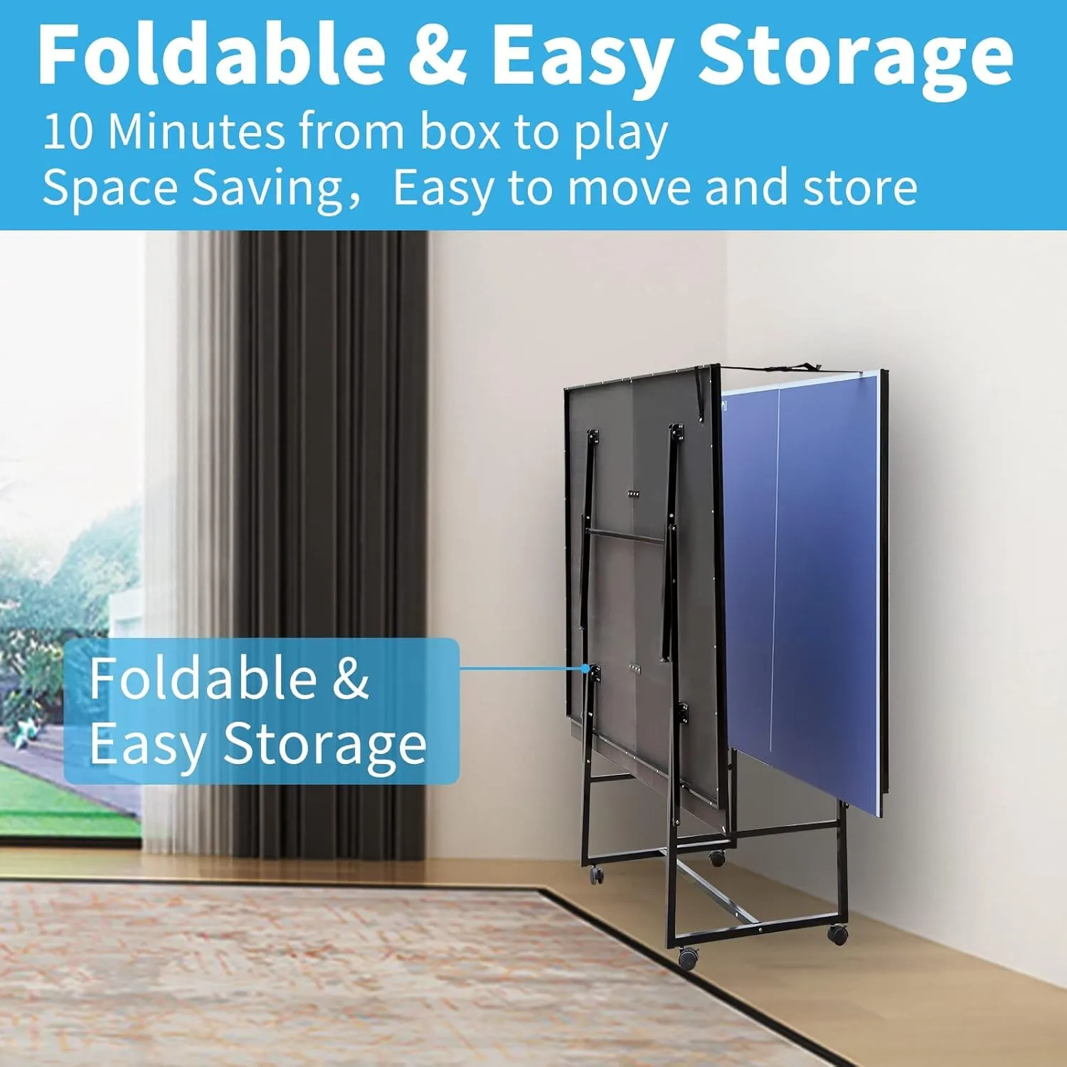 Portable Ping Pong Table 4.5FT/6FT/9FT Foldable Compact Space-Saving Design, Multi-Use Table Tennis Table for Kids Teens Adults, Free Standing Indoor/Outdoor Game