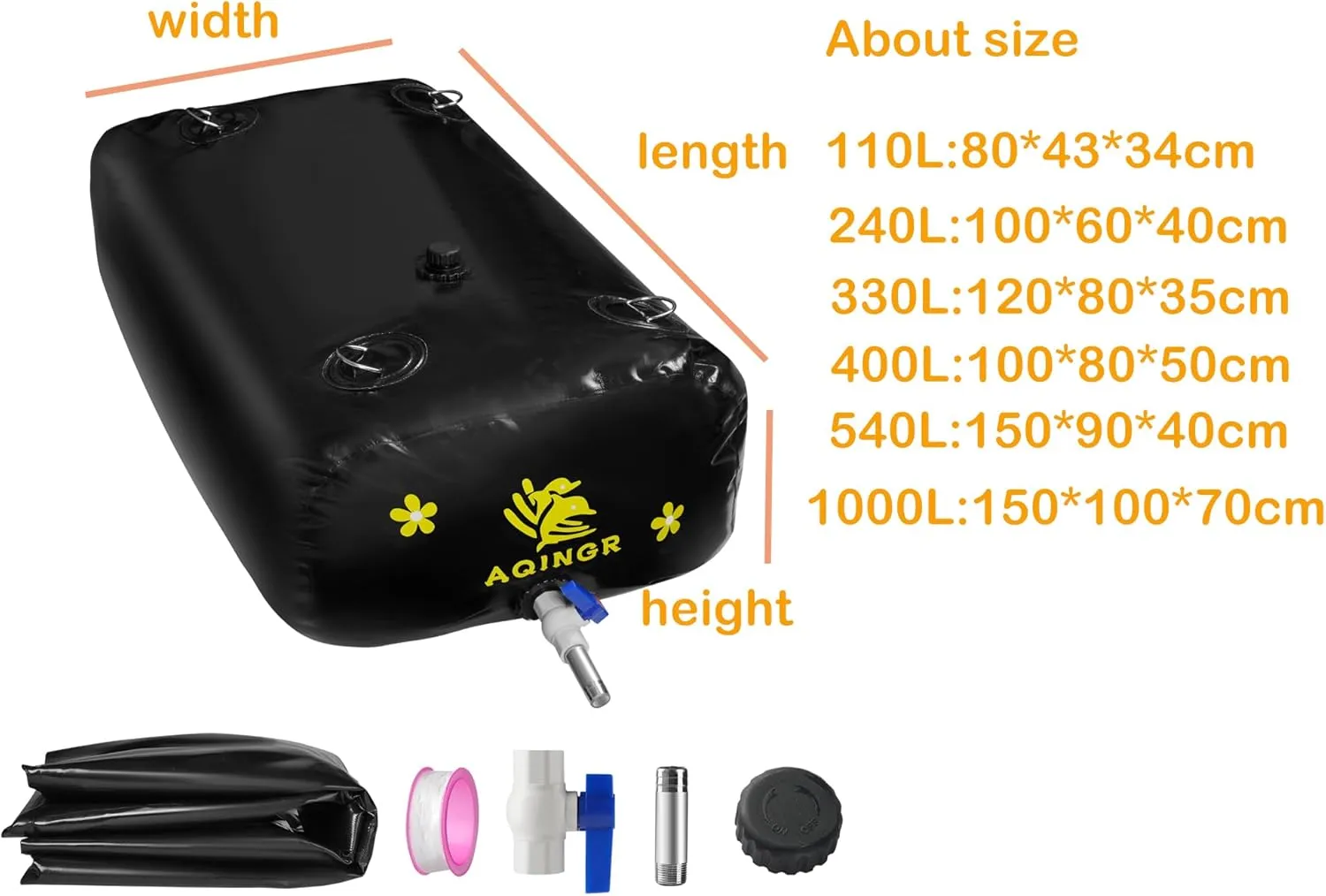 Portable Water Storage Bladder Portable PVC Water Reservoir with valves and Overflow Kit Containers Foldable Water Tank for Outdoor Use Fire Protection Agricultural Irrigation Black 105 Gallons(400L)