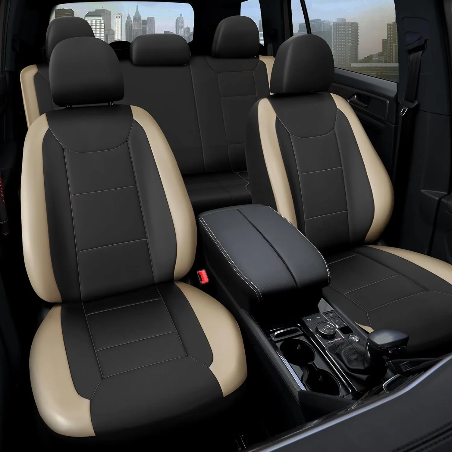 Premium Waterproof Car Seat Cover Full Set, Front and Rear Split Bench Seat Covers for Cars with Thicker Padding, Easy to Install Car Seat Cover Set (Beige)