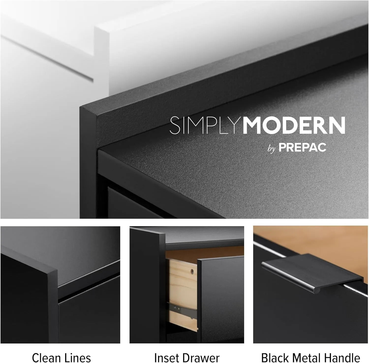 Prepac Simply Modern Nightstand Bedside Table, Black Nightstand for Bedroom, End Table with 3 Drawers 26.5" W x 26.75" H x 16" D