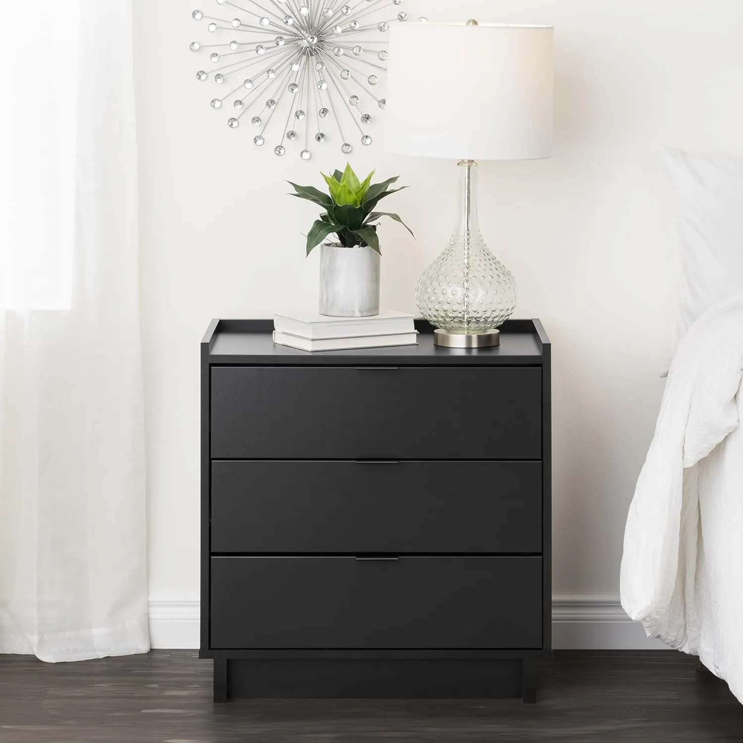 Prepac Simply Modern Nightstand Bedside Table, Black Nightstand for Bedroom, End Table with 3 Drawers 26.5" W x 26.75" H x 16" D