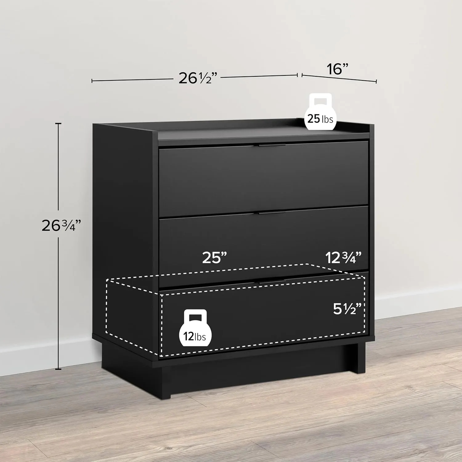 Prepac Simply Modern Nightstand Bedside Table, Black Nightstand for Bedroom, End Table with 3 Drawers 26.5" W x 26.75" H x 16" D