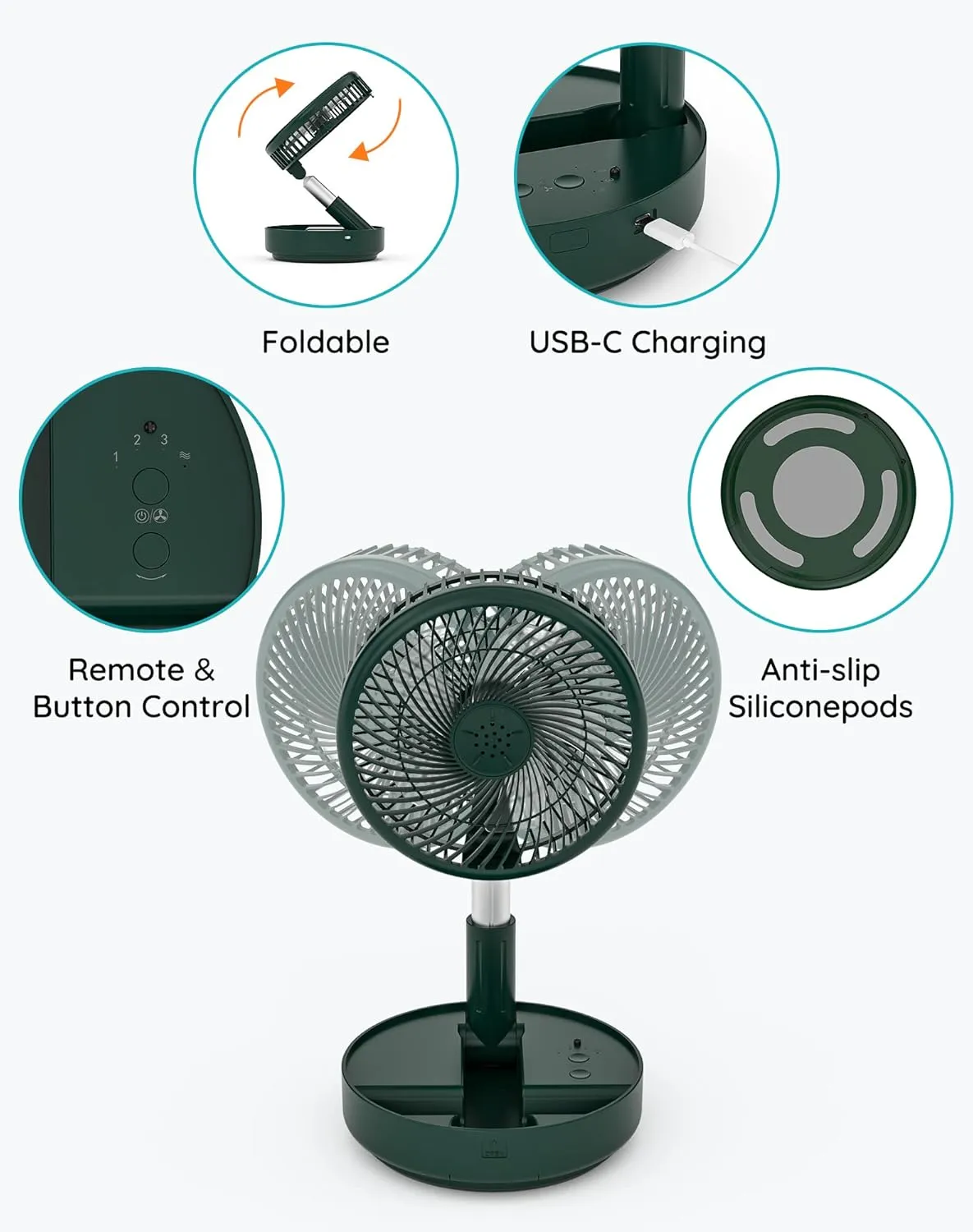 Primevolve Portable Oscillating Standing Fan,Rechargeable Battery Operated USB Floor Table Desk Fan with Remote, Bedroom Camping Travel Fans Green 7.7"