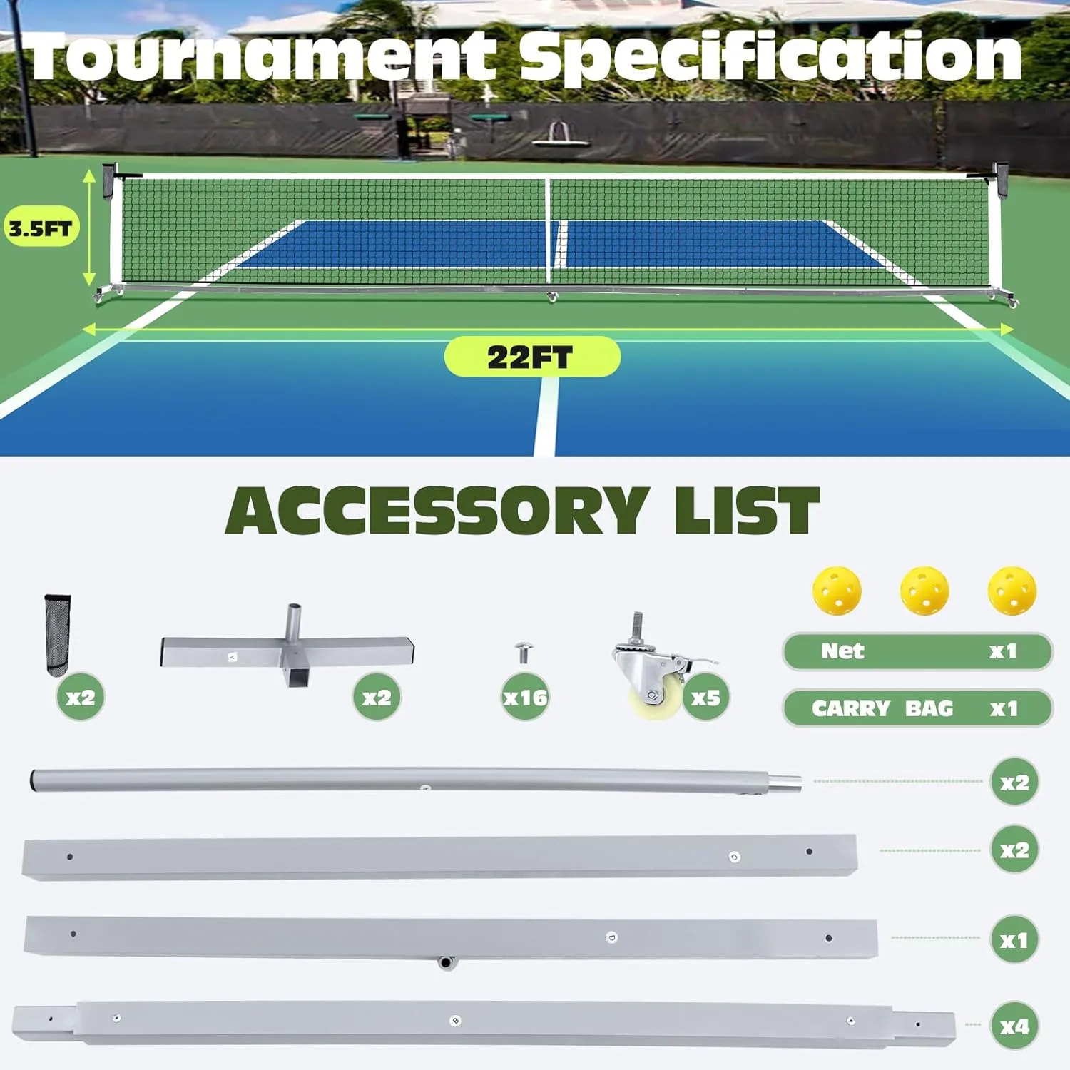 Pro Pickleball Net Portable with Wheels – 22ft Heavy Duty Pickleball Net System with Sturdy Aluminum Frame for Outdoor & Indoor – Nylon Net & Carrying Bag for Pickleball, Tennis, Badminton