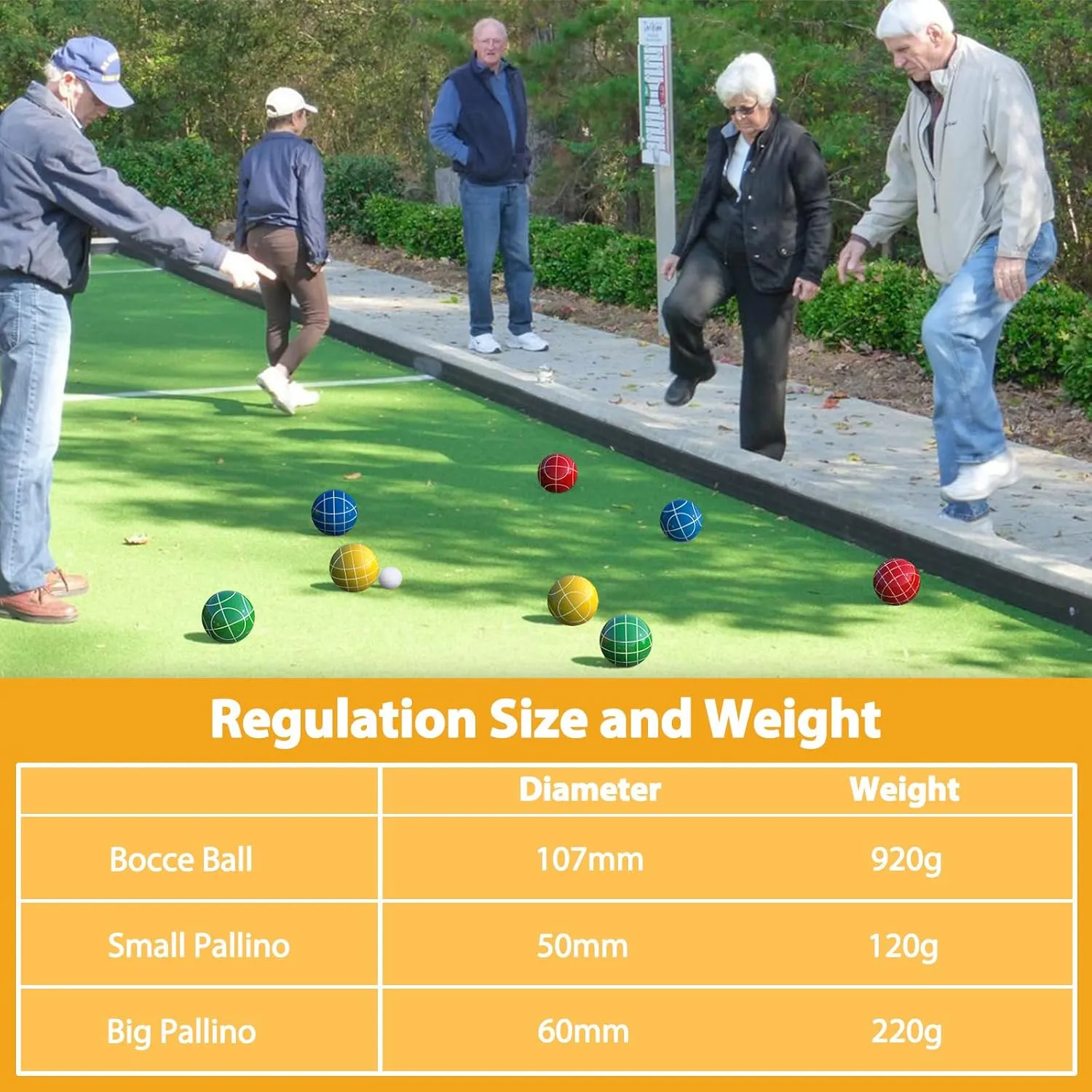 Professional Grade 107mm Bocce Ball Game Set Regulation Size and Weight 920g for Official Tournaments (Classic Multi-Color)