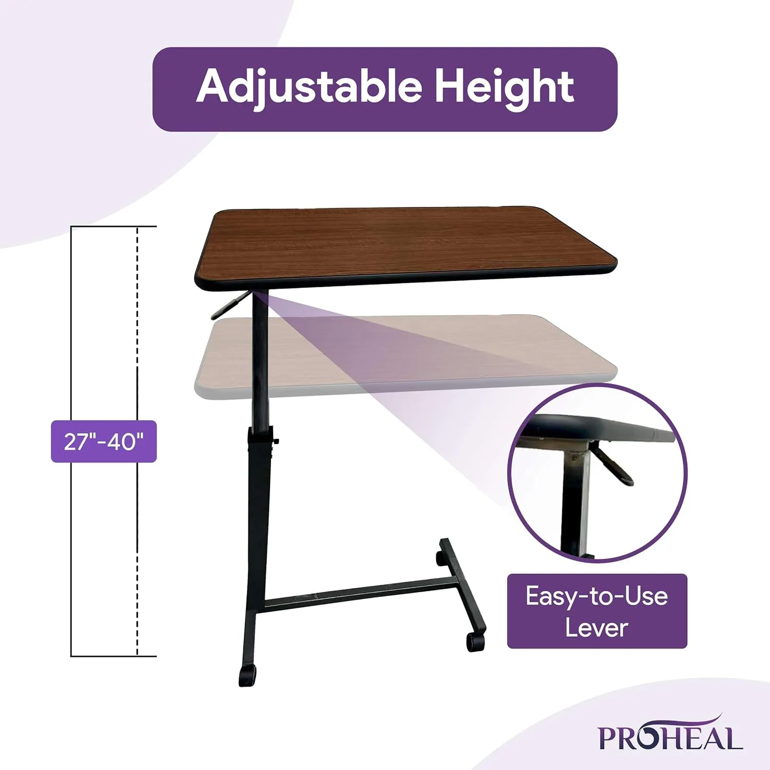ProHeal Medical Overbed Table with Wheels and Adjustable Height - Mahogany Color Rolling Over Bed Bedside Table for Hospital and Home Use