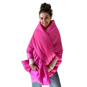 Puffer Scarf With Pockets Hot Pink Long Cape Lagre Wide Scarf Puffer 20x80 inch with 2 pocket and Belt. Cape around shoulders wrap. Winter quilted shawl. Warm padded scarf. Down puffy scarves.